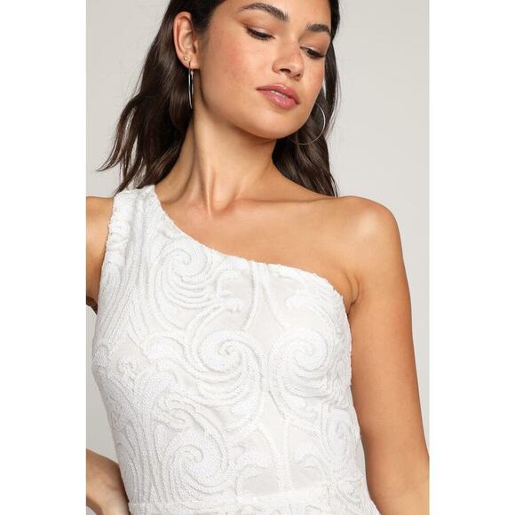 Lulus Madina White Sequin One-Shoulder Bodycon Mini Dress – Size Small - Picture 10 of 13